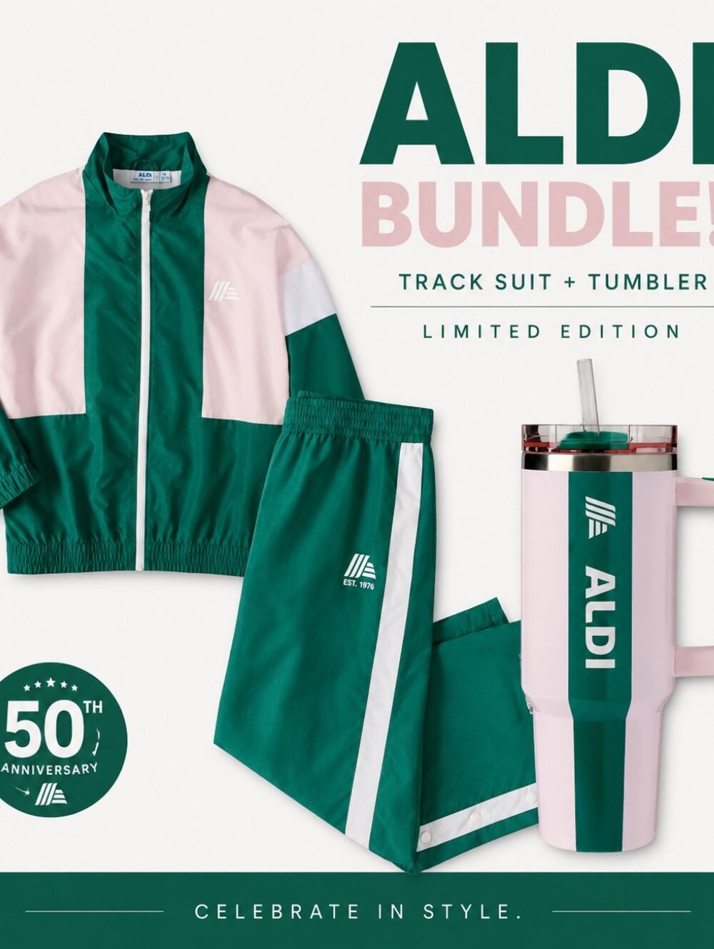 Aldi Gear Bundle Drop! SMALL Green and Pink Colorblock Windbreaker & Tumbler Set